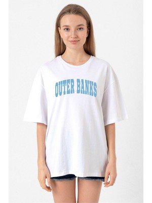 Outer Banks Lettern Beyaz Kadın Oversize Tshirt