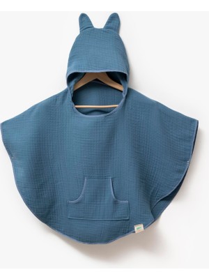Hafy Baby 5 Renk Organik Pamuk, Kapüşonlu Müslin Bebek / Çocuk Pançosu / İndigo Mavisi
