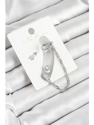 LTG Nova Pirinç Ok Figürlü Zirkon Taşlı Gümüş Renk 3'lü Kıkırdak Kadın Küpe Set - TJ-BKP10663
