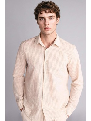 DeFacto Modern Fit Gömlek Yaka Çizgili Twill Uzun Kollu Gömlek G7410AX26SM