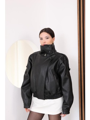 Famoda Premium Seri Dik Yaka Kruvaze Oversize Bomber Deri Ceket