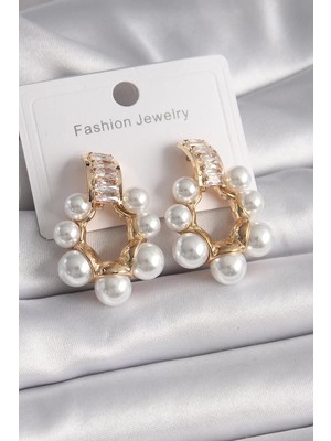 LTG Nova Pirinç Gold Renk Zirkon Taşlı Su Yolu Incili Halka Model Kadın Küpe - TJ-BKP9620