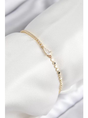 LTG Nova Pirinç Zirkon Taşlı Damla Model Ezme Zincir Gold Renk Kadın Bileklik - TJ-BB7589