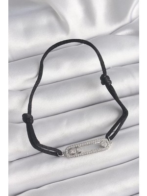 LTG Nova Siyah Renk Ipli Asansör Zirkon Taşlı Gümüş Messika Model Kadın Bileklik - TJ-BB6580