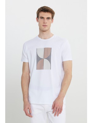 Altınyıldız Classics Erkek Beyaz Slim Fit Dar Kesim Pamuklu Esnek Baskılı Bisiklet Yaka Tişört