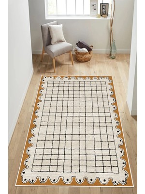 Pelura Halı Modern Dalgalı Kenar Tasarımlı Damalı Dijital Baskılı Yıkanabilir Kaymaz Taban Salon Halısı Yolluk