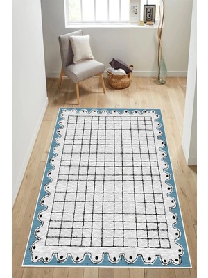Pelura Halı Modern Dalgalı Kenar Tasarımlı Damalı Dijital Baskılı Yıkanabilir Kaymaz Taban Salon Halısı Yolluk
