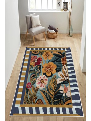 Pelura Halı Floral Desen Çerçeve Baskılı Kaymaz Yıkanabilir Salon Oturma Odası Mutfak Antre Halısı Yolluk