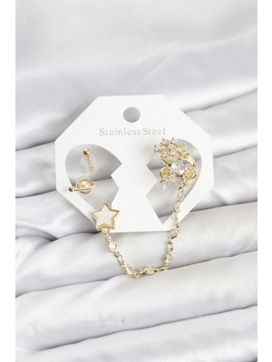 LTG Nova Pirinç Gold Renk Yıldız Model Zincir Bağlantılı Ear Cuff Küpe Seti