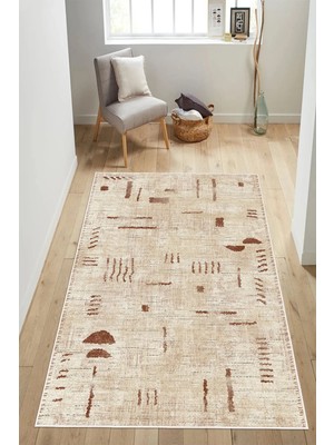 Pelura Halı Modern Etnik Modern Çizgi Desenli Krem Dijital Baskılı Yıkanabilir Kaymaz Taban Salon Halısı Yolluk