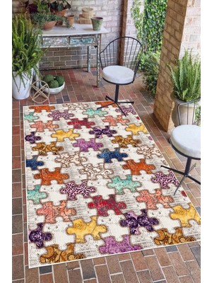 Pelura Halı Modern Puzzle Patchwork Tasarımlı Dijital Baskılı Yıkanabilir Kaymaz Taban Salon Halısı Yolluk
