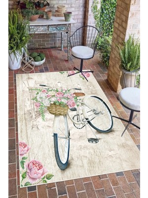 Pelura Halı Romantik Vintage Bisiklet ve Gül Desen Dijital Baskılı Yıkanabilir Kaymaz Taban Salon Halısı Yolluk