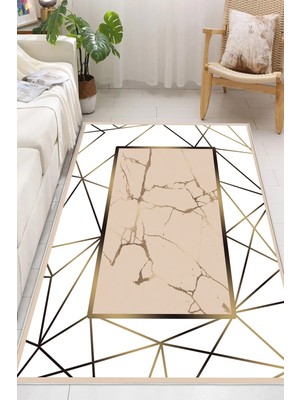 Pelura Halı Geometrik Çizgili Gold Mermer Desenli Dijital Baskılı Yıkanabilir Kaymaz Taban Salon Halısı Yolluk