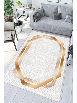 Pelura Halı Gold Çerçeveli Modern Gri Zemin Desenli Dijital Baskılı Yıkanabilir Kaymaz Taban Salon Halısı Yolluk
