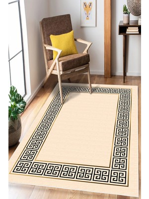 Pelura Halı Modern Iskandinav Çerçeveli Krem Dijital Baskılı Yıkanabilir Kaymaz Taban Salon Halısı Yolluk