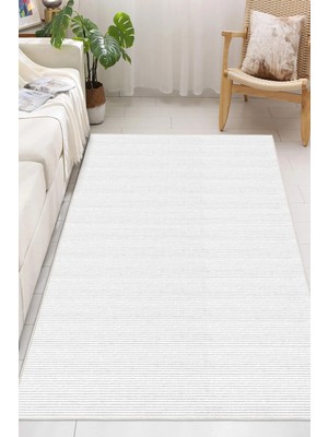 Pelura Halı Modern Minimalist Yatay Çizgili Beyaz Dijital Baskılı Yıkanabilir Kaymaz Taban Salon Halısı Yolluk