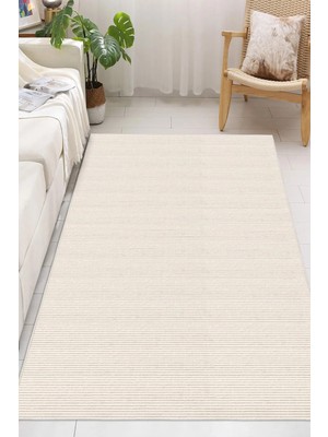 Pelura Halı Modern Minimalist Yatay Çizgili Beyaz Dijital Baskılı Yıkanabilir Kaymaz Taban Salon Halısı Yolluk