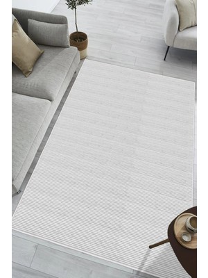 Pelura Halı Modern Minimalist Yatay Çizgili Beyaz Dijital Baskılı Yıkanabilir Kaymaz Taban Salon Halısı Yolluk