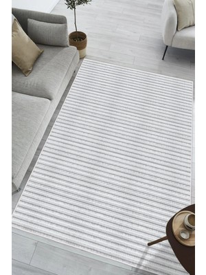 Pelura Halı Minimalist İnce Yatay Çizgili Gri Dijital Baskılı Yıkanabilir Kaymaz Taban Salon Halısı Yolluk