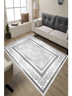 Pelura Halı Gri Çerçeveli Yıkanabilir Kaymaz Leke Tutmaz Salon Halı Oturma Odası Halı Mutfak Halı ve Yolluk