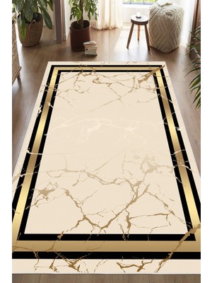Pelura Halı Mermer Desenli Gold Çerçeveli Baskılı Yıkanabilir Kaymaz Salon Oturma Odası Hol Antre Halısı Yolluk