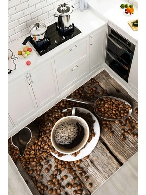 Pelura Halı Kahve Desenli Modern Baskılı Yıkanabilir Kaymaz Mutfak Halısı