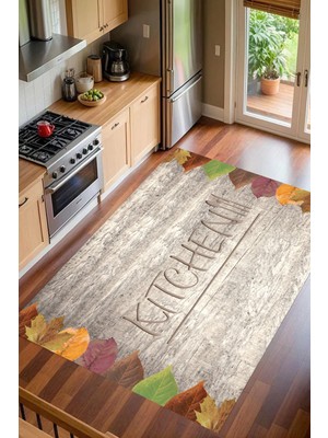 Pelura Halı Sonbahar Temalı Kitchen Yazılı Baskılı Yıkanabilir Mutfak Halısı Yolluk