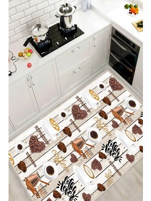 Pelura Halı Kahve Temalı Yıkanabilir Baskılı Kaymaz Taban Mutfak Halısı Yolluk