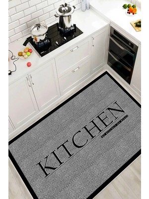 Pelura Halı Kitchen Yazılı Çerçeveli Gri Baskılı Yıkanabilir Kaymaz Mutfak Halısı