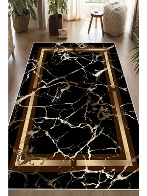 Pelura Halı Siyah Mermer Desenli Çerçeveli Baskılı Yıkanabilir Kaymaz Salon Oturma Odası Hol Antre Mutfak Halısı Yolluk