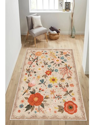 Pelura Halı Floral Desen Baskılı Kaymaz Yıkanabilir Salon Oturma Odası Mutfak Antre Halısı Yolluk