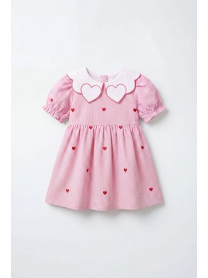 Magu Kız Çocuk Pamuklu Pembe Çizgili Kalp Nakışlı Yakalı Elbise