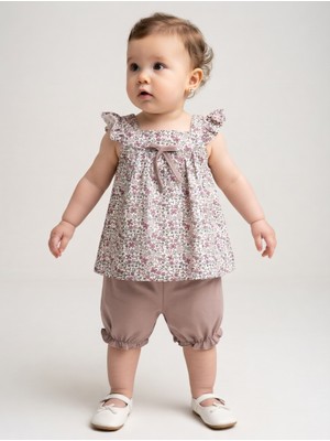 Deco Kız Bebek Çiçek Desenli Fiyonklu Fırfırlı Bluz ve Şort Takım Yazlık 2’li Set