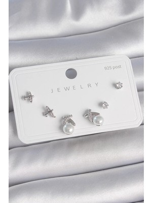 LTG Nova Pirinç Gümüş Renk Zirkon Taşlı Model Inci Detay 925 Ayar Gümüş Çivi Kadın Küpe Seti - Tj-Bk