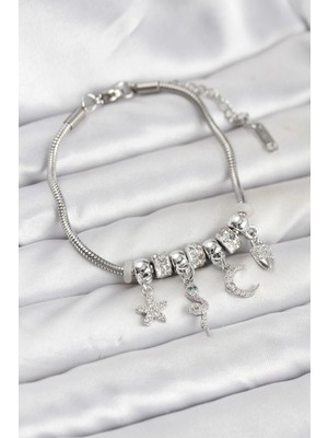 LTG Nova Pirinç Gümüş Renk Yılan Charmlı Kadın Bileklik