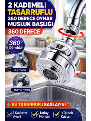 Ecuy 2 Kademeli Musluk Başlığı 360° Döner Tasarruflu Perlatör Su Tasarruf Aparatı Krom Uyumlu