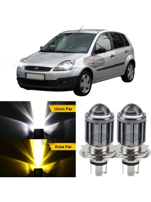 Caralp Ford Fiesta 2002-2008 Uyumlu Mercekli Far Ampulü LED Xenon Çift Renk Sarı-Beyaz Far Şimşek Etkili Csp LED Lamba Uzun Kısa 2 Adet Takım
