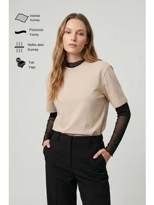 Allunique Kadın İnterlok Pamuklu Bisiklet Yaka Bej T-shirt