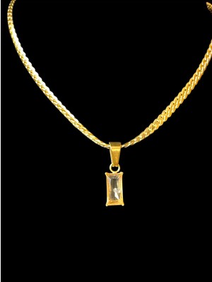 Aleda Çelik Gold Baget Dikdörtgen Taşlı Kolye