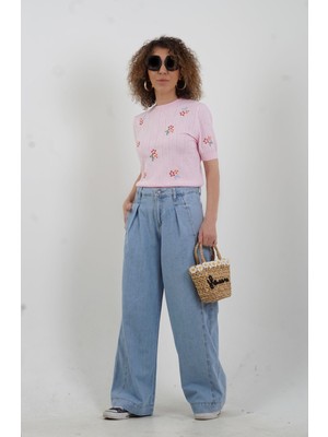 Zelish My Sister Mavi Önü Parçalı Pileli Denim Pantolon
