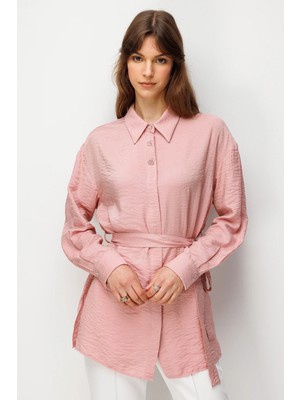 Accort Kuşak Detay Jakarlı Tunik Gömlek-Pembe