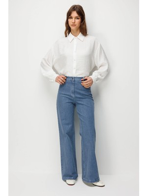 Accort Yüksek Bel Bol Paça Kot Pantolon-Indigo
