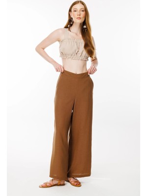 Accort Beli Lastikli Geniş Paça Keten Pantolon-Kahve
