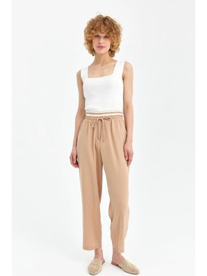 Accort Şerit Lastik Detaylı Keten Pantolon-Camel