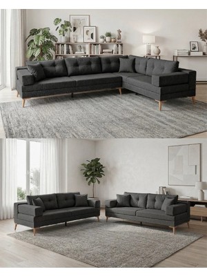 Velura Home & Living Zeri (Pufsuz) 3+3 Yataklı Modüler Koltuk Takımı & 2 Adet Üçlü Kanepe - Antrasit - 110