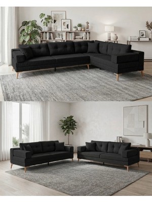 Velura Home & Living Zeri (Pufsuz) 3+3 Yataklı Modüler Koltuk Takımı & 2 Adet Üçlü Kanepe - Siyah - 124