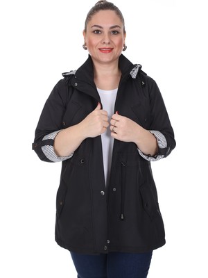Brendon Kadın Siyah Büyük Beden Mevsimlik Trençkot 595 %100 Polyester Kapüşonu Çıkartılabilir