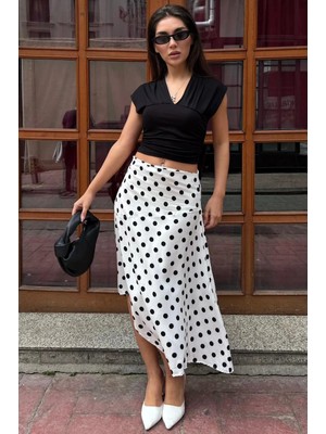 Madmext Beyaz Puantiyeli Asimetrik Kadın Etek MG2785
