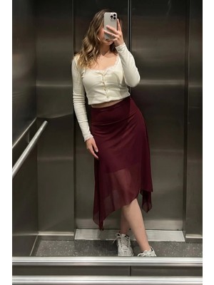Madmext Bordo Şifon Asimetrik Kesim Midi Etek MG2777