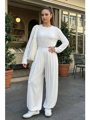 Madmext Ekru Likralı Modal Şalvar Takım MG2784